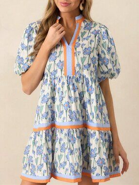 Baby Blue Cute Women's V Neck Puff Sleeve Mini Dress